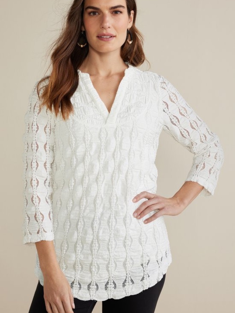 Soft Surroundings women’s Priya Knit Lace Tunic White textured V-Neck Top PM
